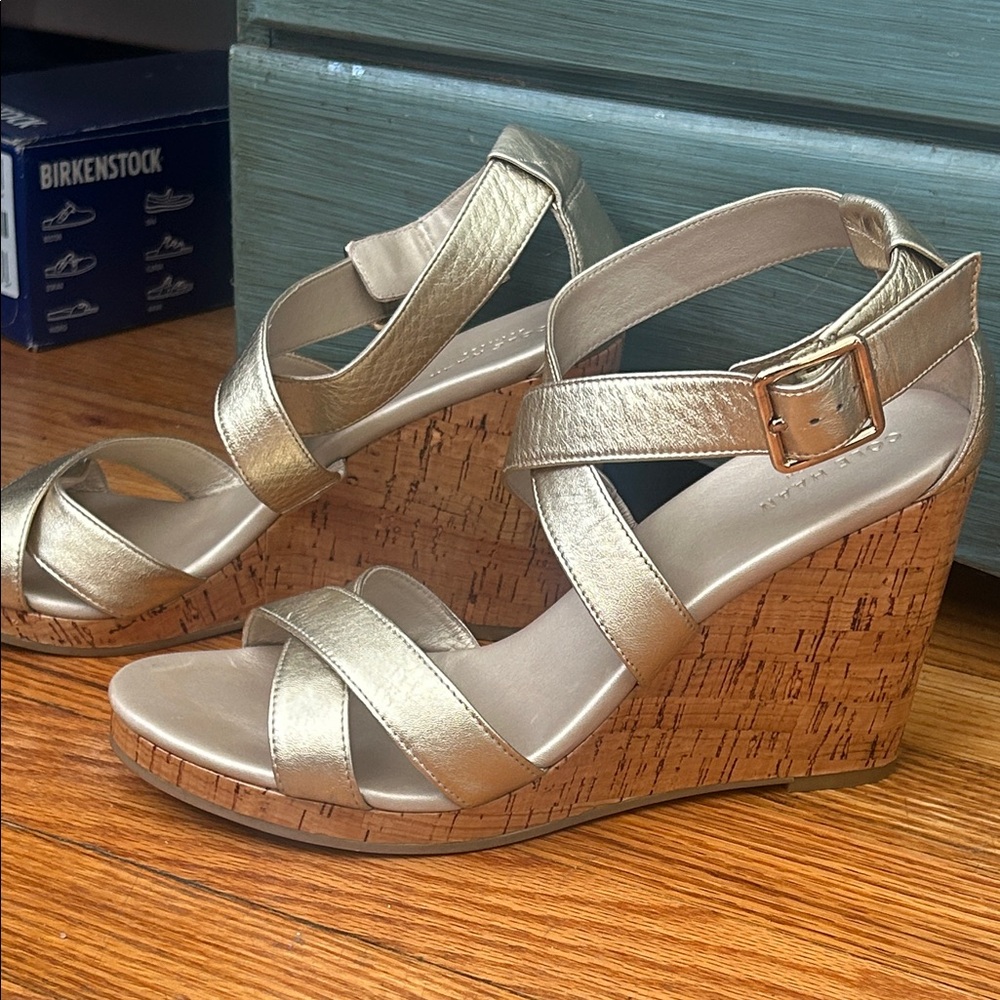 Cole Haan Gold Metallic Cork Wedge Sandals